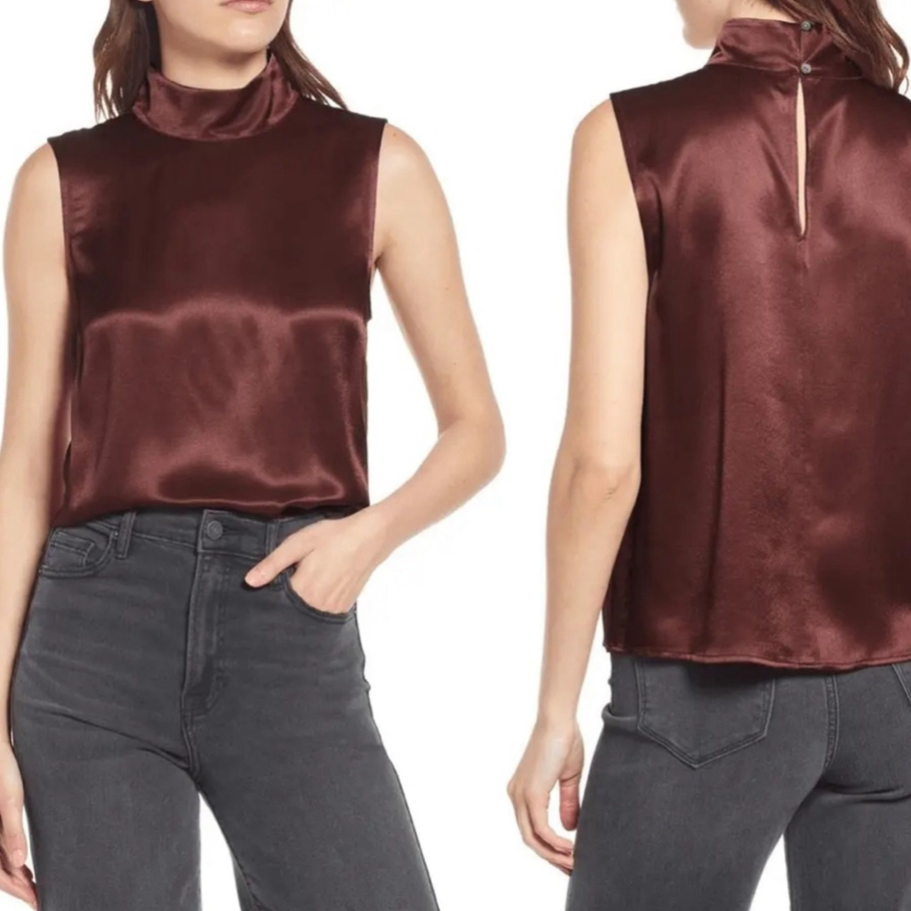 Rails Sleeveless Mock Neck Satin Top in Deep Wine
